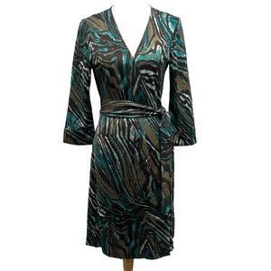 Diane Von Furstenberg Silk Abstract Teal & Brown Iconic Wrap Dress 12